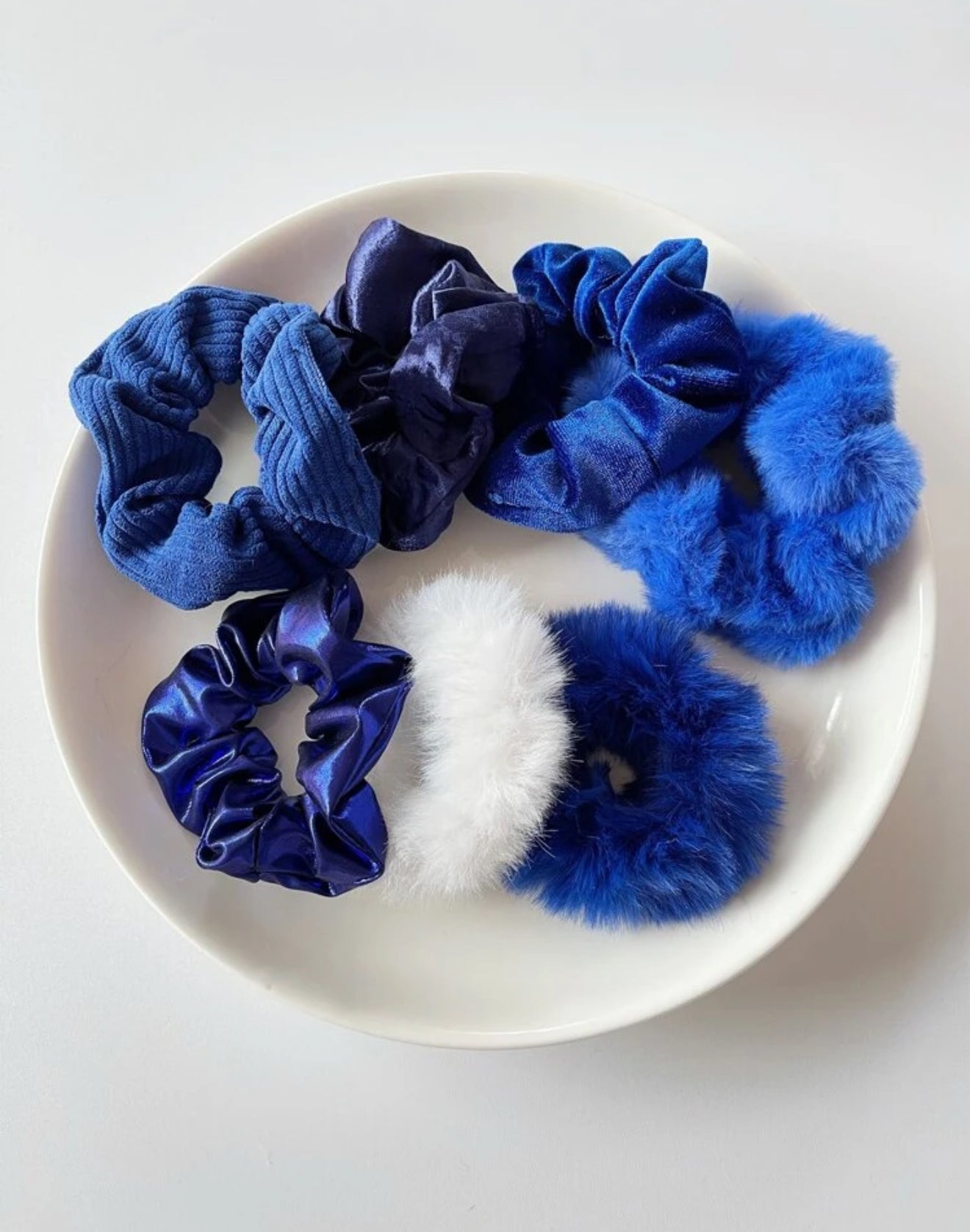 7 Pc Blue Fleece Thick Hair Scrunchie Set