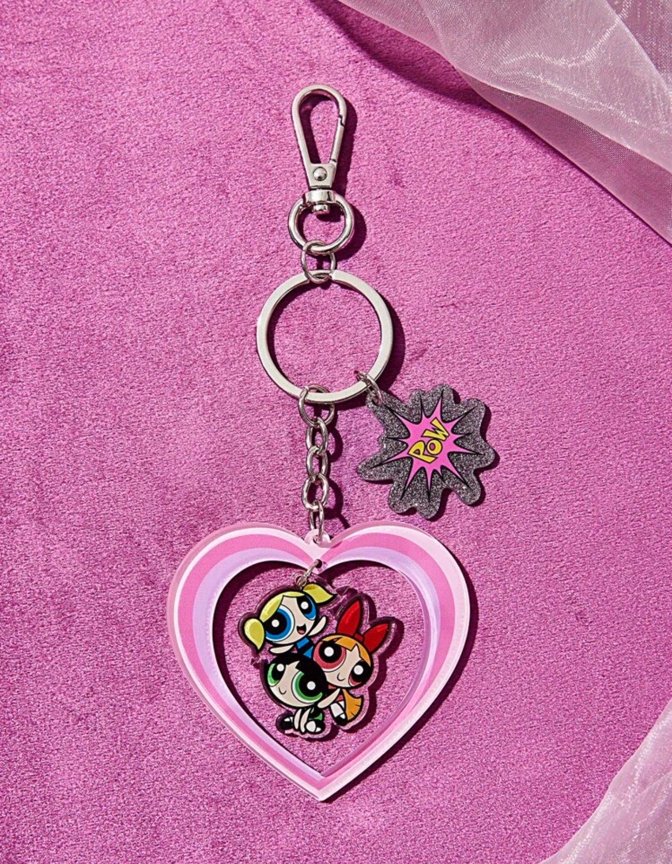 THE POWERPUFF GIRLS Cartoon Graphic Heart Charm Fashionable Keychain For Daily Life