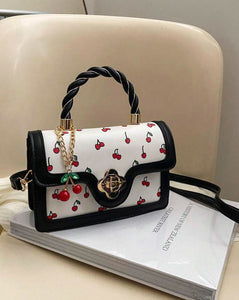 Cute Cherry Printed Fashionable High-Class Lady Square PU Handbag